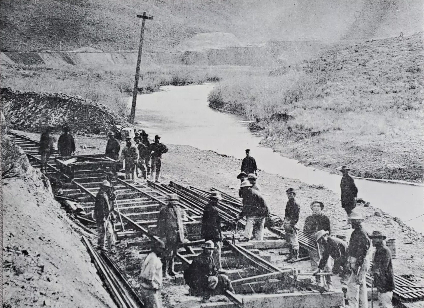 Rail bending crew at 10-mile Canyon, Humboldt River, Nevada. 